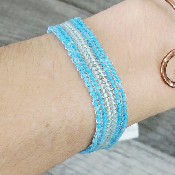 Boho Beaded Gemstone Bracelet, Blue Lace Agate Seed Bead Jewelry. 7" - Picture 10 of 11